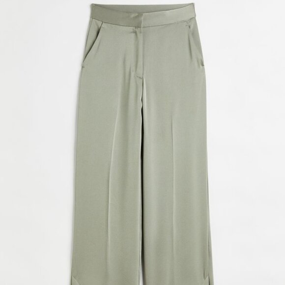 Light Khaki satin wide leg trousers. - Picture 1 of 10